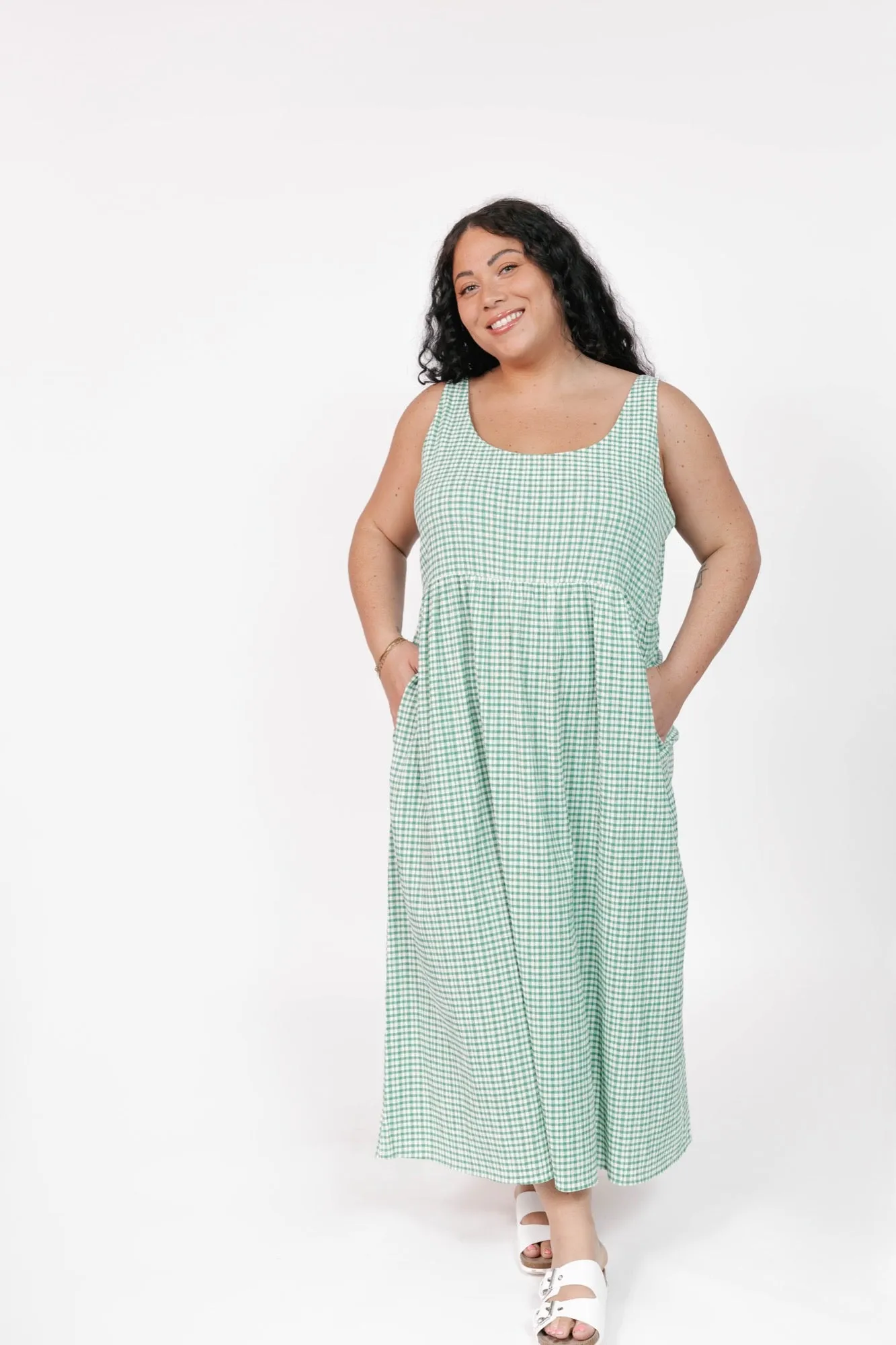 Valentina Midi Dress in Green/White Gingham