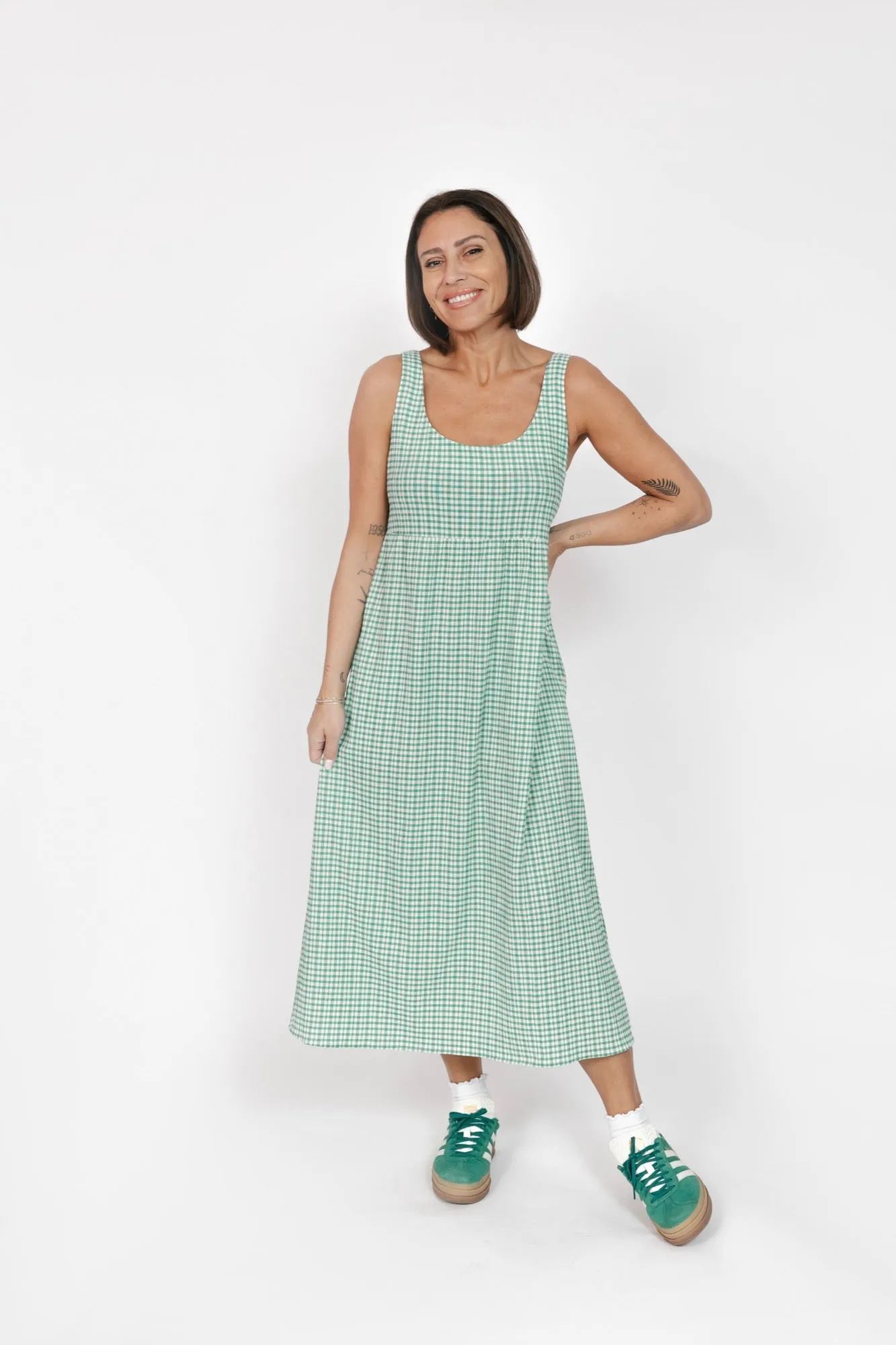 Valentina Midi Dress in Green/White Gingham
