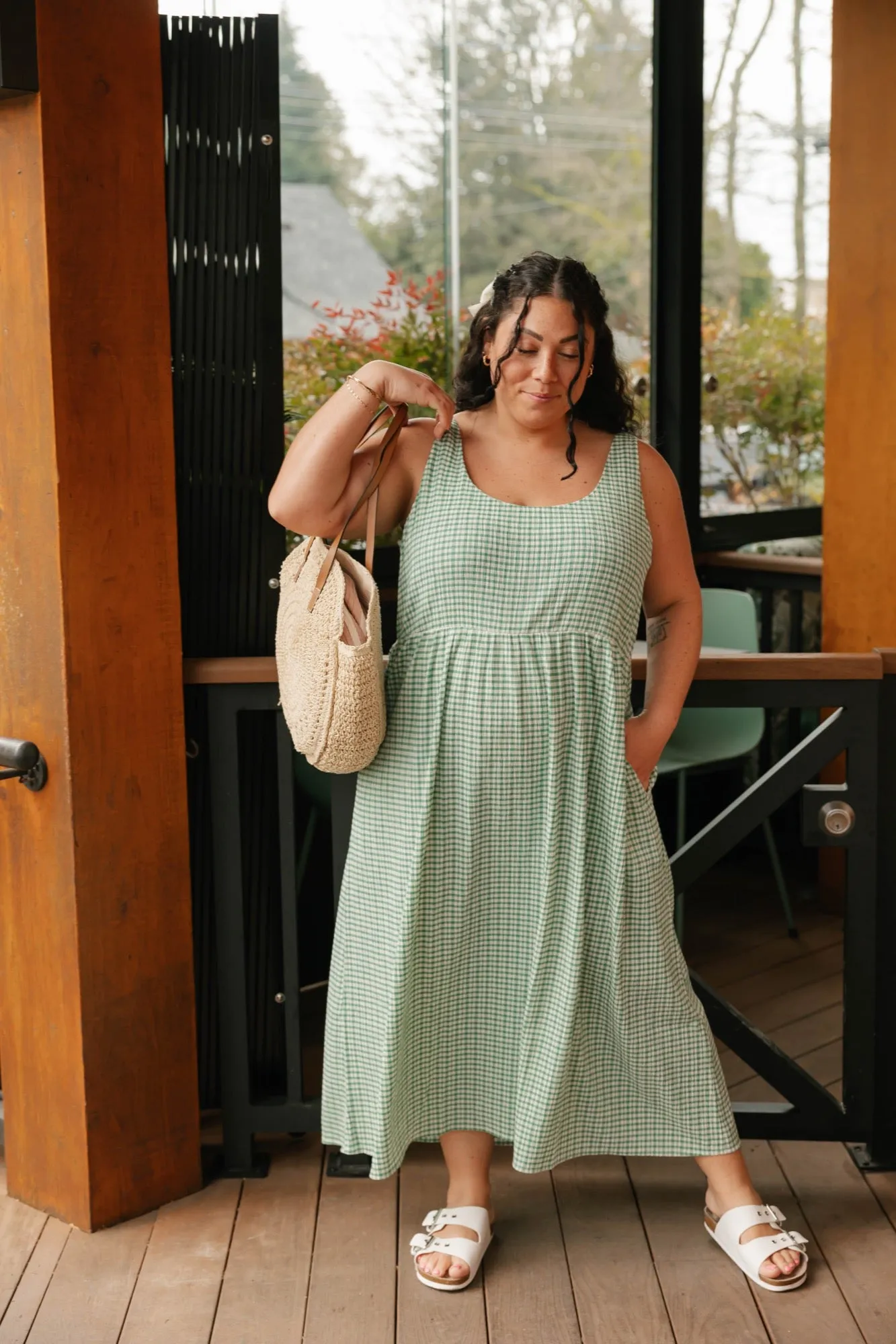 Valentina Midi Dress in Green/White Gingham