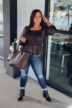 Veronica Metallic Peplum Top - Black