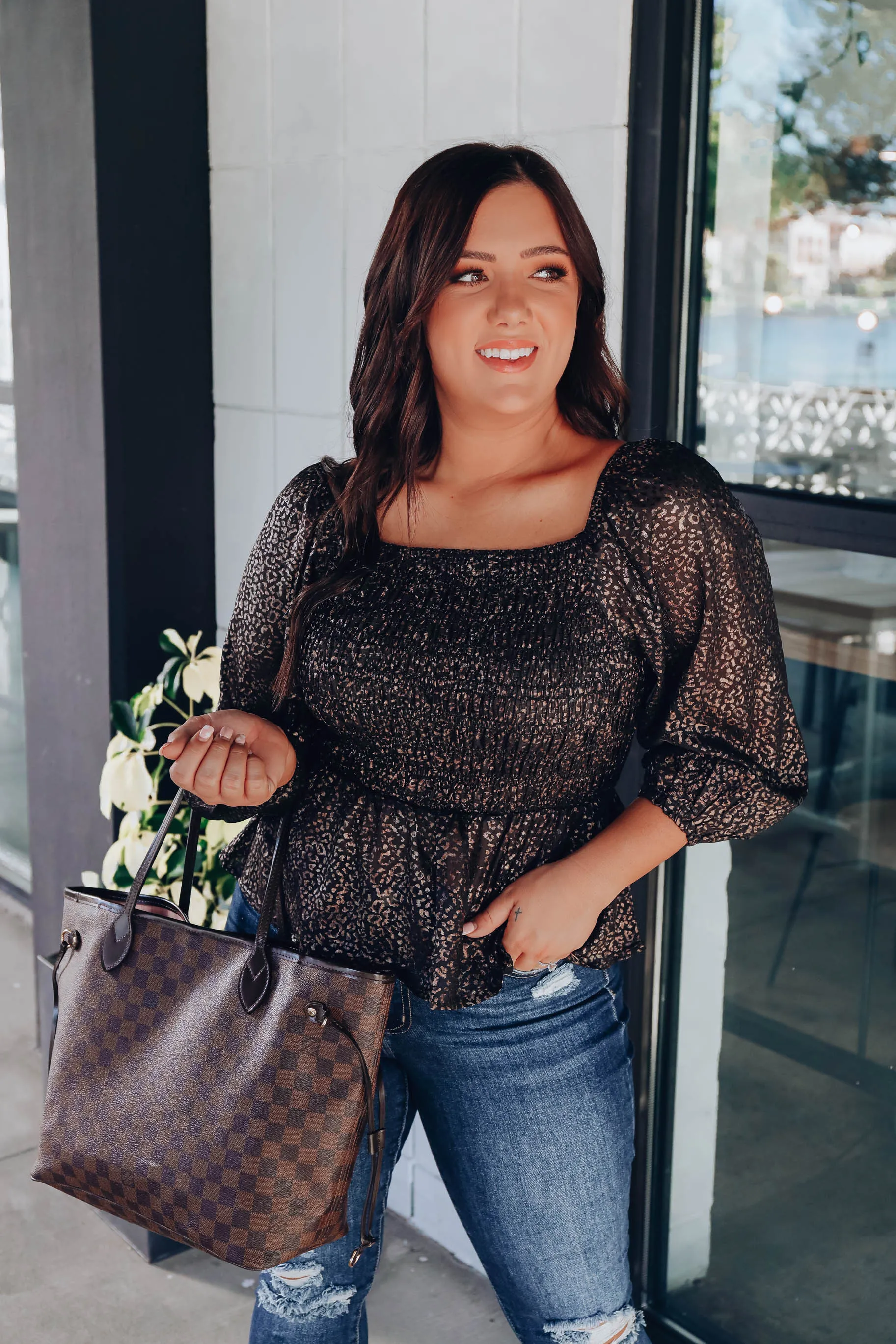 Veronica Metallic Peplum Top - Black