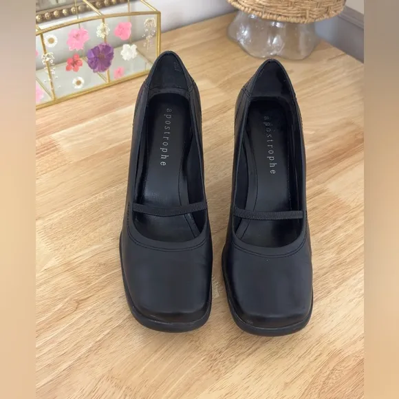 Vintage Apostrophe Black Leather Mary Jane Heels Size 8.5 Classic  Casual