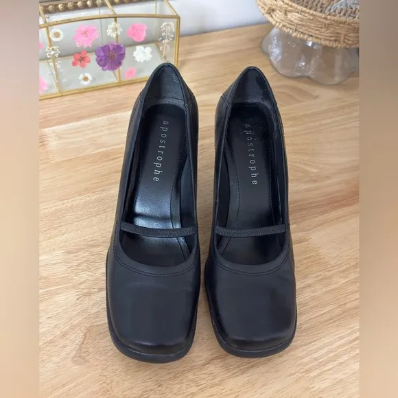 Vintage Apostrophe Black Leather Mary Jane Heels Size 8.5 Classic  Casual