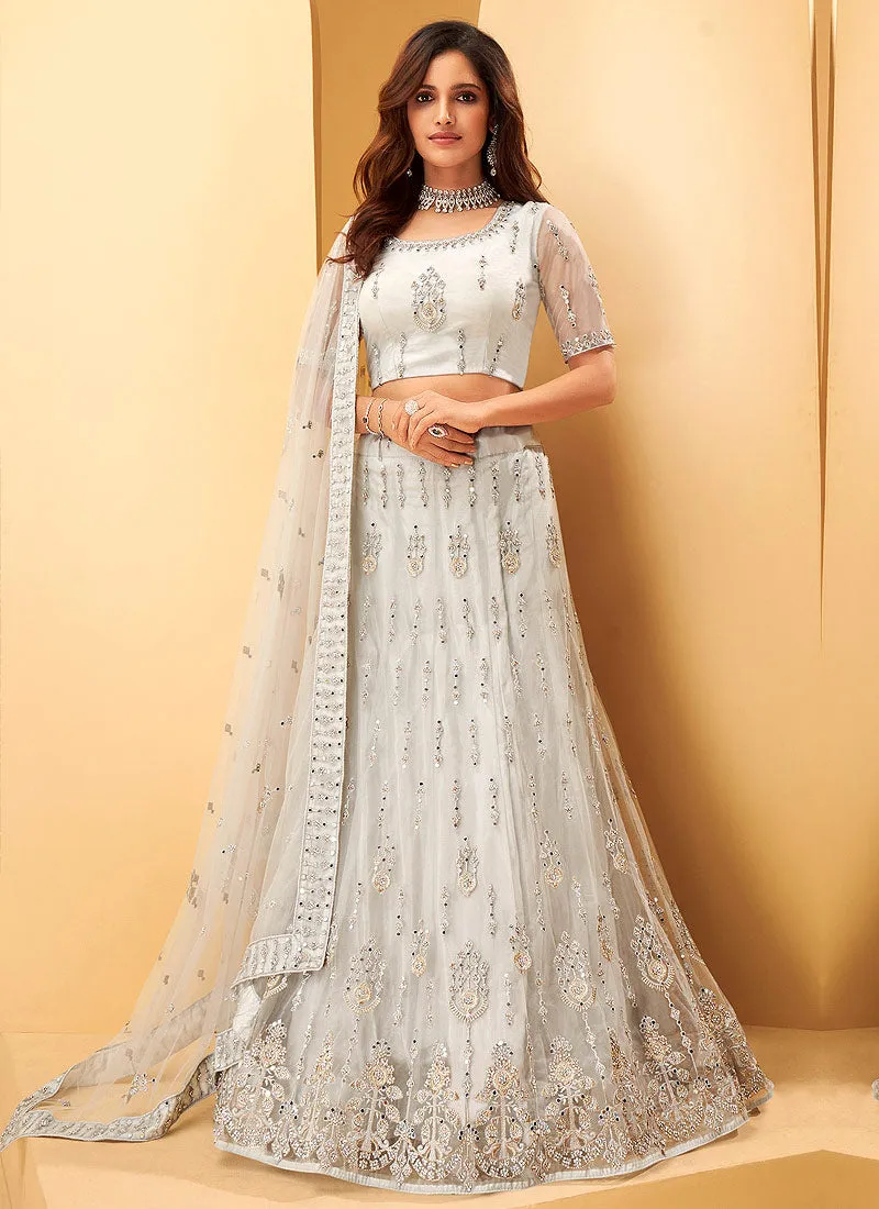 White Mirror Work Embroidered Wedding Lehenga Choli