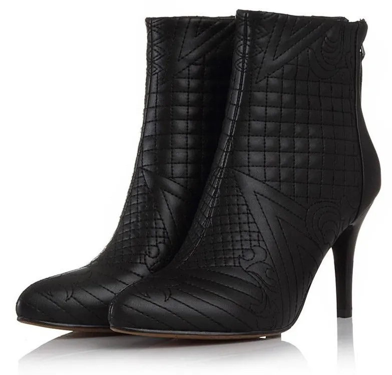 winter ankle boots women shoes pointed toe embroidered genuine leather booties back zipper woman heels fashion boots