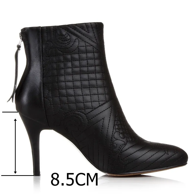 winter ankle boots women shoes pointed toe embroidered genuine leather booties back zipper woman heels fashion boots