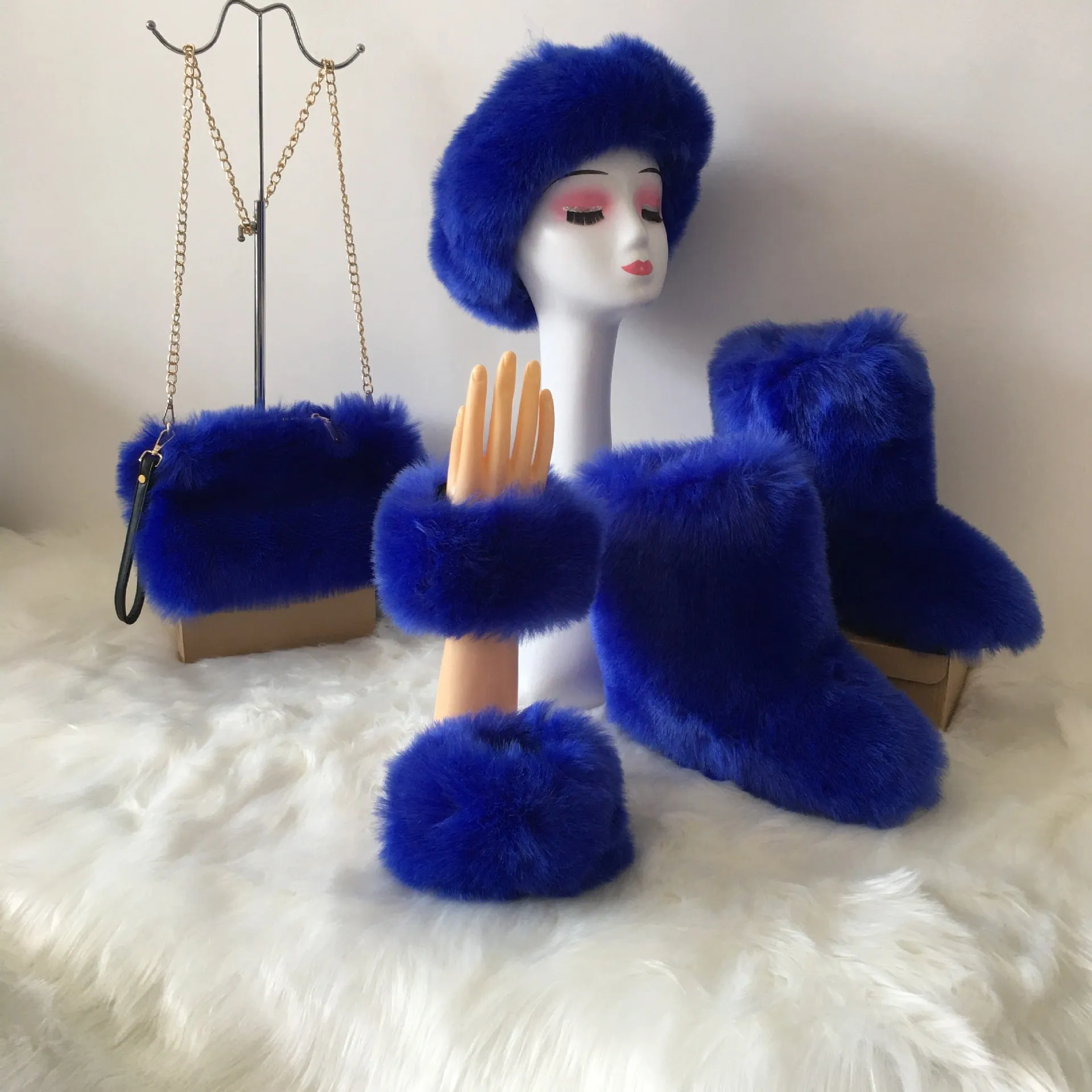 Winter fashion matching 4pc sets solid color faux fur