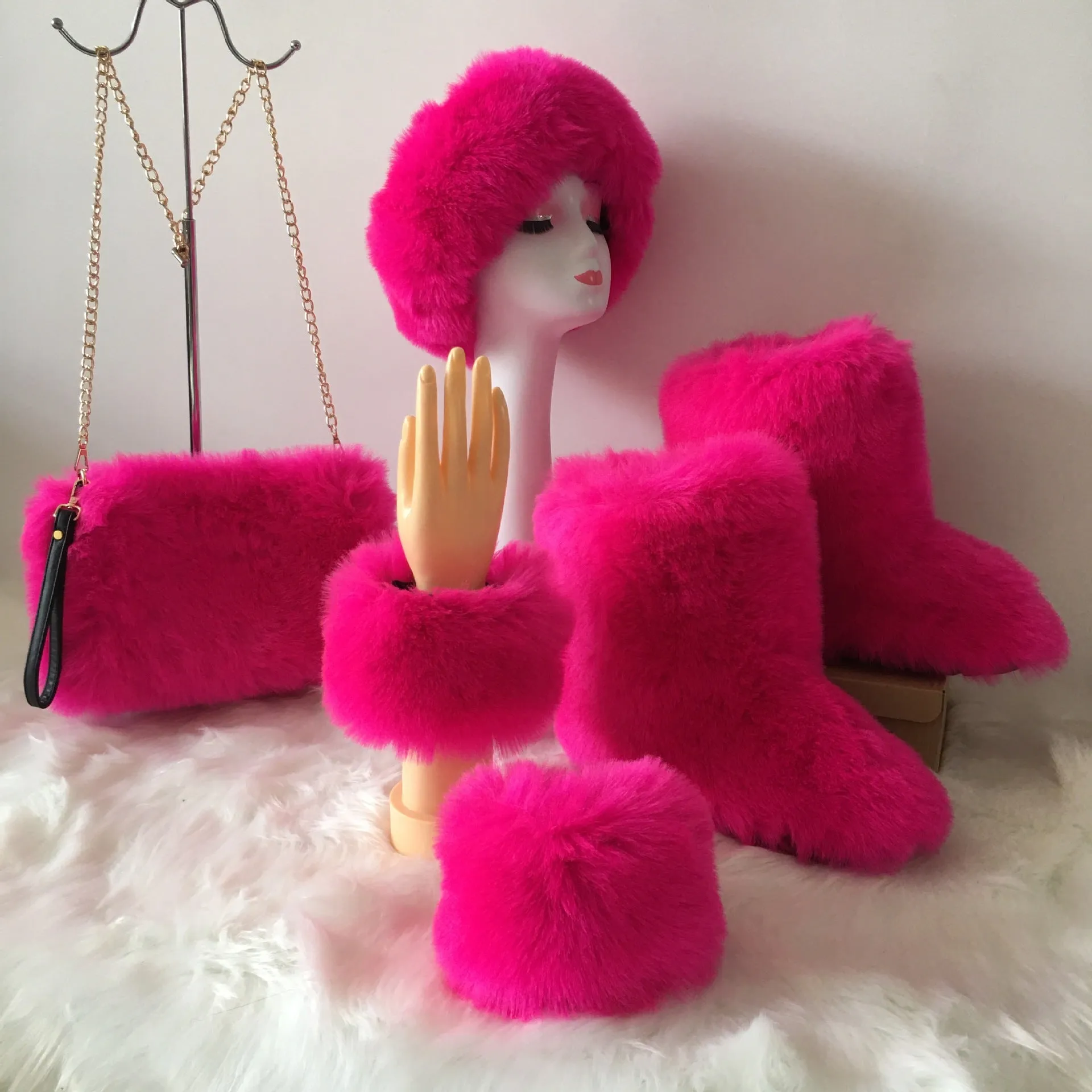 Winter fashion matching 4pc sets solid color faux fur
