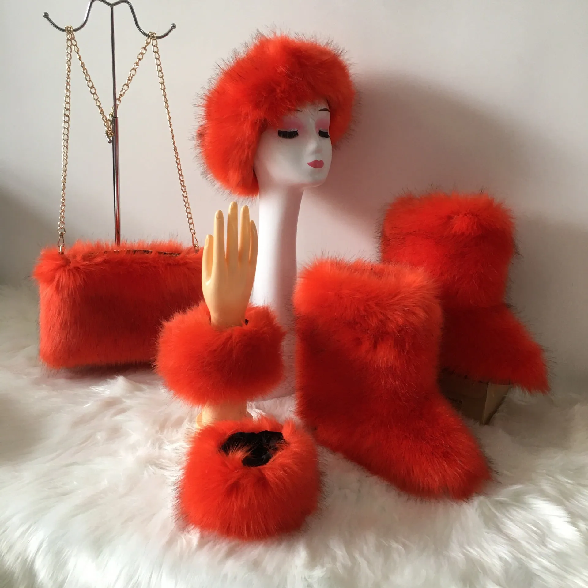 Winter fashion matching 4pc sets solid color faux fur