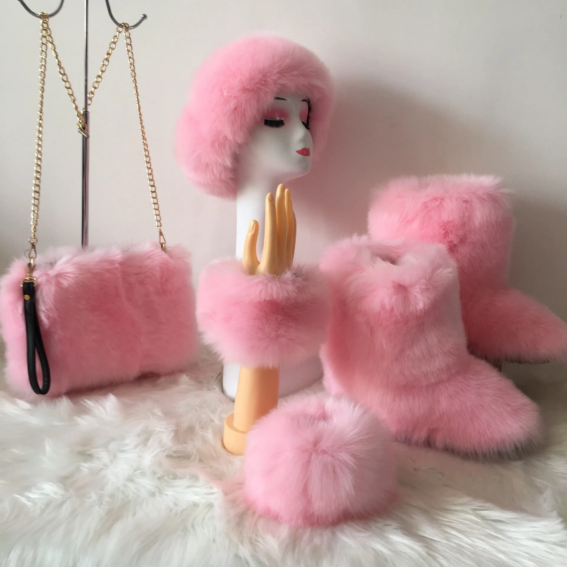 Winter fashion matching 4pc sets solid color faux fur