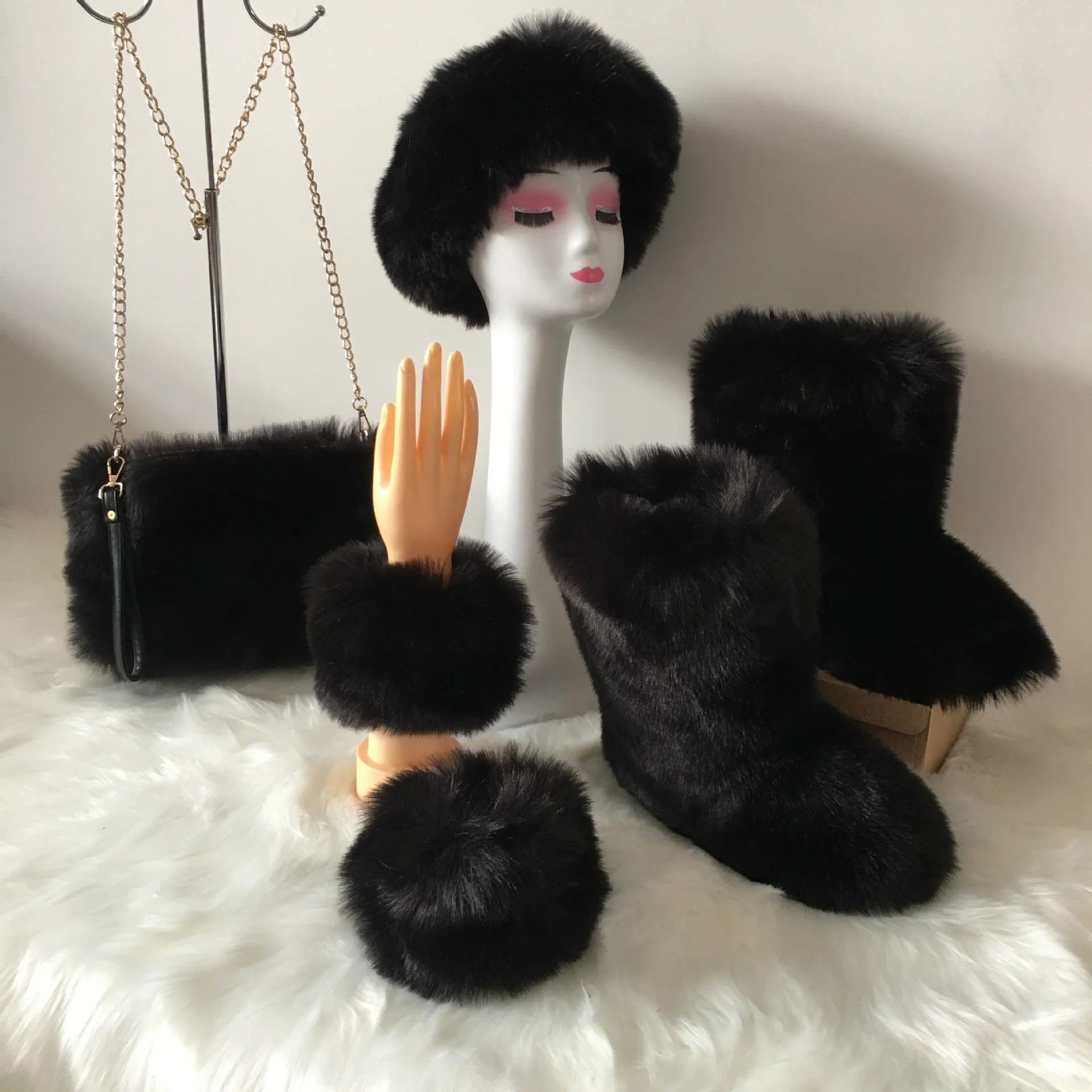 Winter fashion matching 4pc sets solid color faux fur