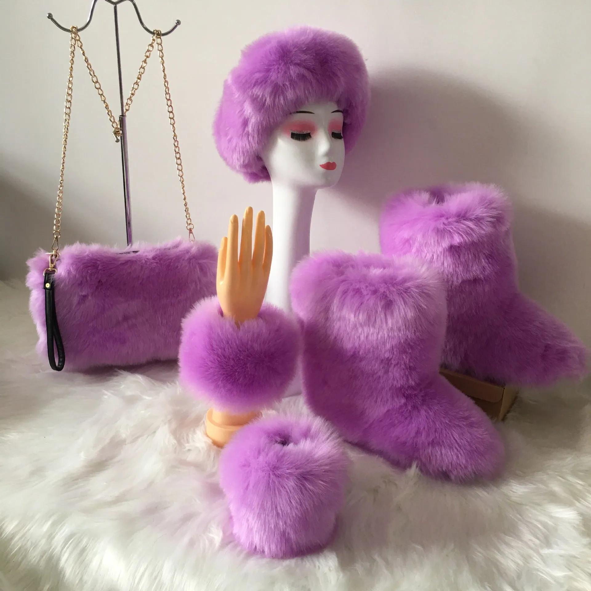 Winter fashion matching 4pc sets solid color faux fur