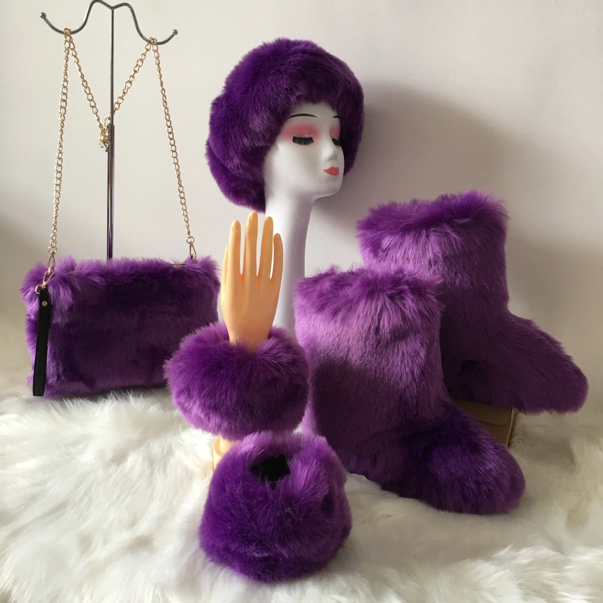 Winter fashion matching 4pc sets solid color faux fur