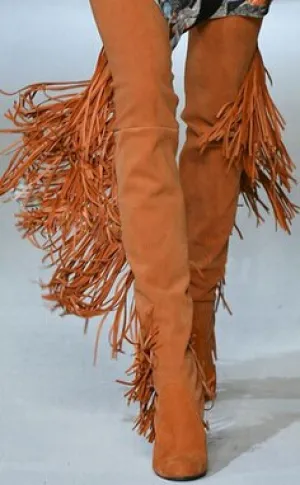 Women Suede Round Toe Side Zipper Over-the-knee Boots With Fringe Lady Solid Square High Heels Dress Runway Shoes Woman