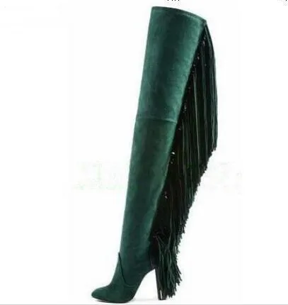 Women Suede Round Toe Side Zipper Over-the-knee Boots With Fringe Lady Solid Square High Heels Dress Runway Shoes Woman