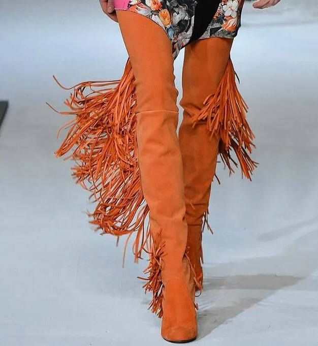 Women Suede Round Toe Side Zipper Over-the-knee Boots With Fringe Lady Solid Square High Heels Dress Runway Shoes Woman
