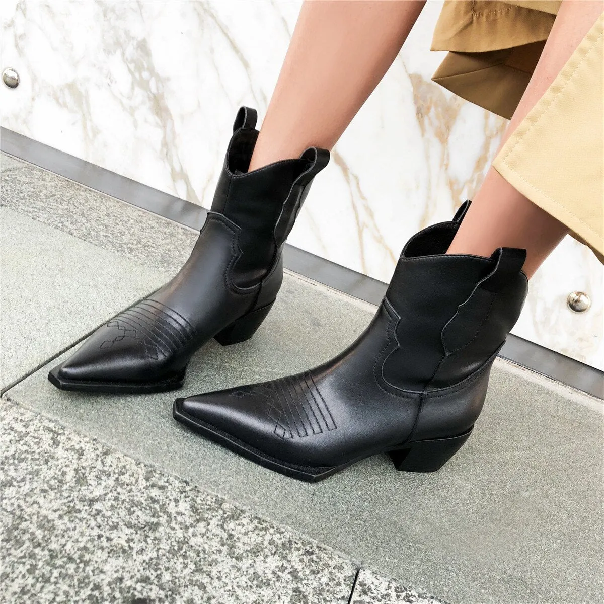 Women's genuine leather slip-on thick high heel ankle boots Sewing thread pointed toe retro vintage autumn short booties shoes