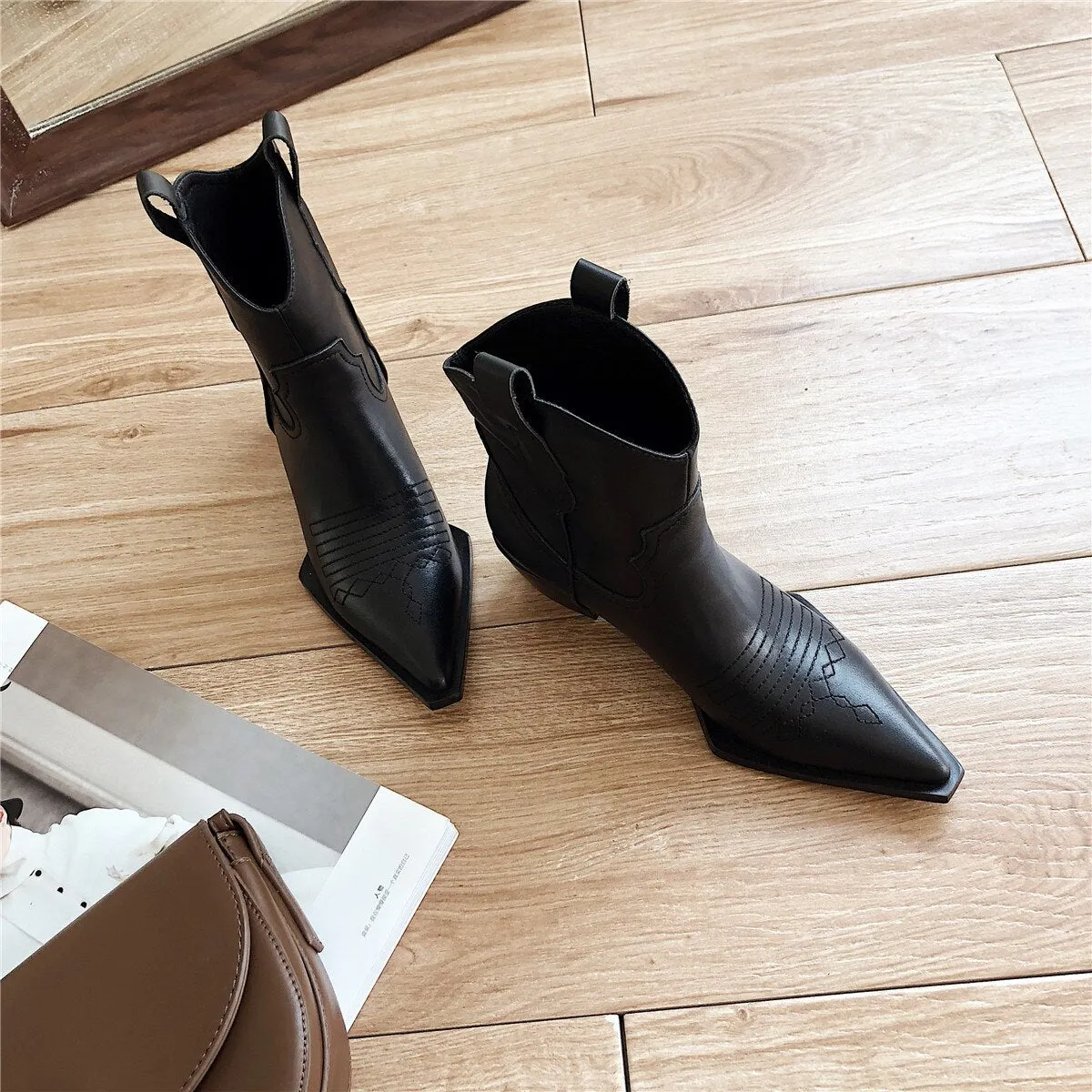 Women's genuine leather slip-on thick high heel ankle boots Sewing thread pointed toe retro vintage autumn short booties shoes