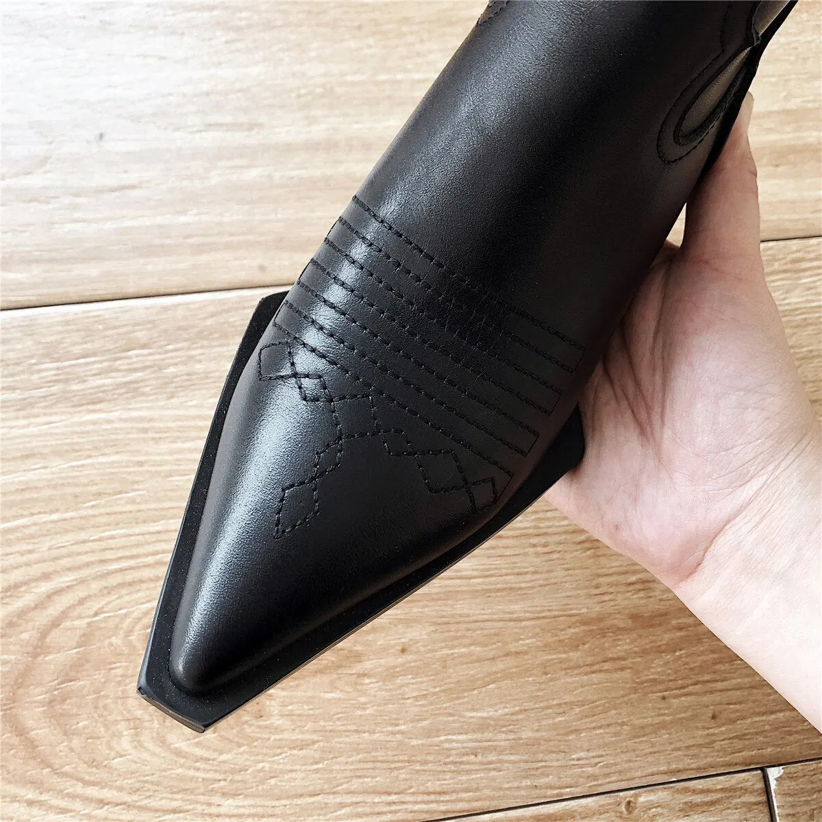 Women's genuine leather slip-on thick high heel ankle boots Sewing thread pointed toe retro vintage autumn short booties shoes