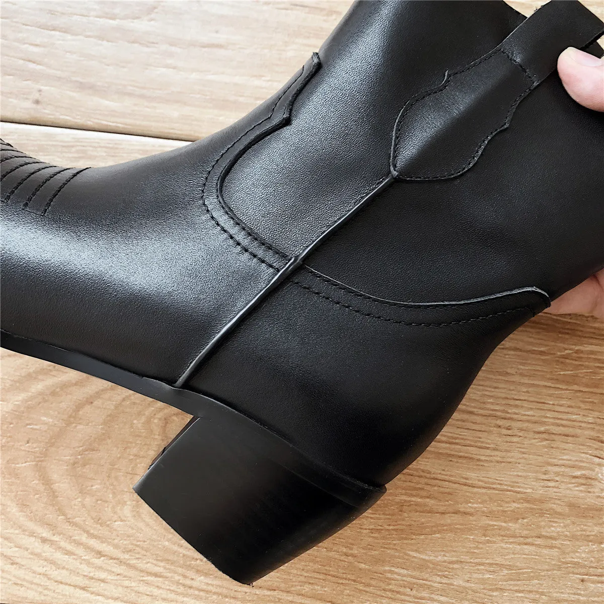 Women's genuine leather slip-on thick high heel ankle boots Sewing thread pointed toe retro vintage autumn short booties shoes