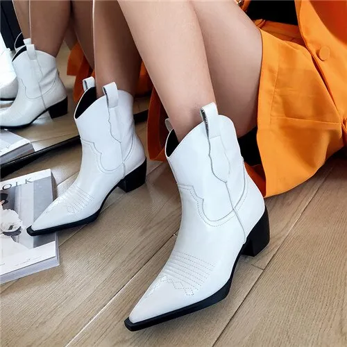 Women's genuine leather slip-on thick high heel ankle boots Sewing thread pointed toe retro vintage autumn short booties shoes