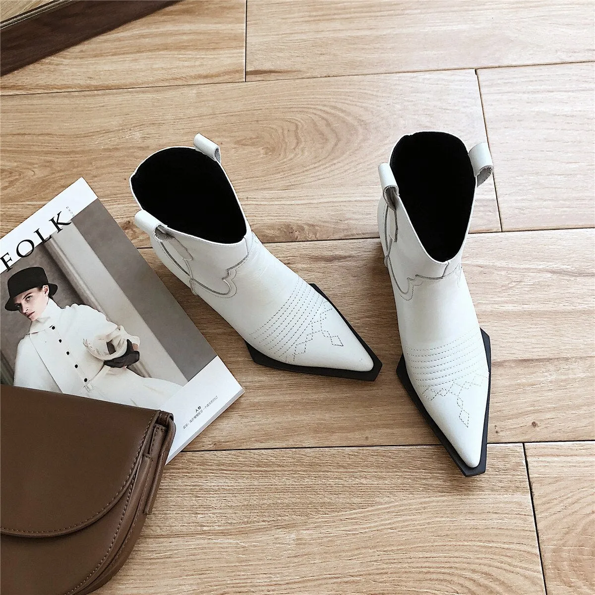 Women's genuine leather slip-on thick high heel ankle boots Sewing thread pointed toe retro vintage autumn short booties shoes