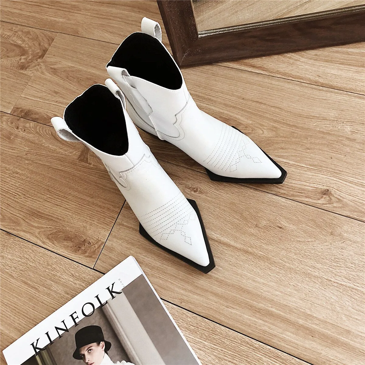 Women's genuine leather slip-on thick high heel ankle boots Sewing thread pointed toe retro vintage autumn short booties shoes