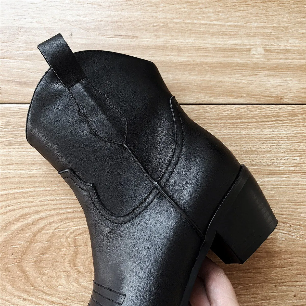 Women's genuine leather slip-on thick high heel ankle boots Sewing thread pointed toe retro vintage autumn short booties shoes