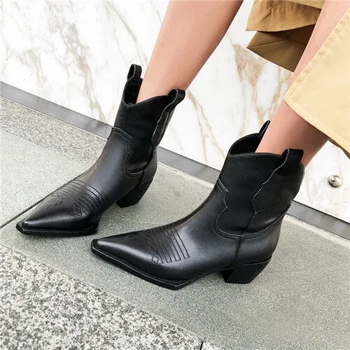 Women's genuine leather slip-on thick high heel ankle boots Sewing thread pointed toe retro vintage autumn short booties shoes