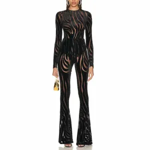 Zebra Velvet Black Bodysuit with flared trousers in black