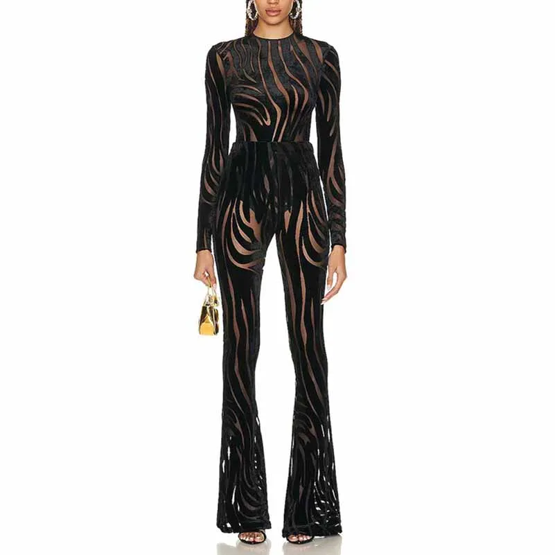 Zebra Velvet Black Bodysuit with flared trousers in black