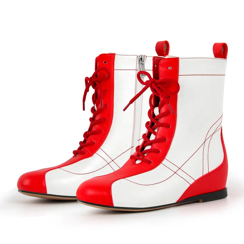 Zipper Lace-up Round Toe Boxing Ankle Boots