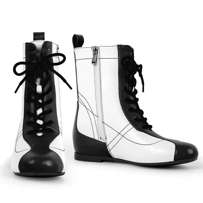 Zipper Lace-up Round Toe Boxing Ankle Boots
